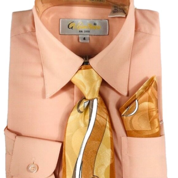 Gian Mario Boys Peach Dress Shirt Clip-on Peach Brown Tie Hanky Sizes 4 or 20 - Picture 2 of 3